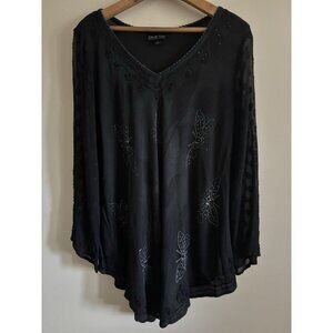 Greater Good Womens Top Sz L/XL Black Gray Butterflies Semi Sheer Long Sleeve